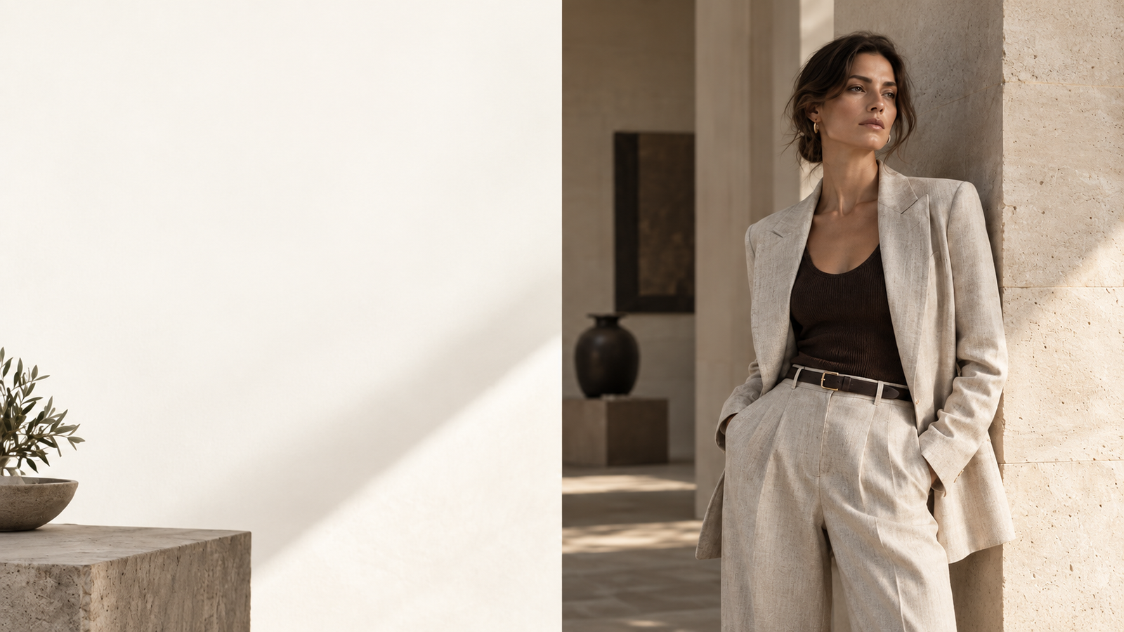 Woman wearing a refined neutral tailored outfit in a warm architectural setting