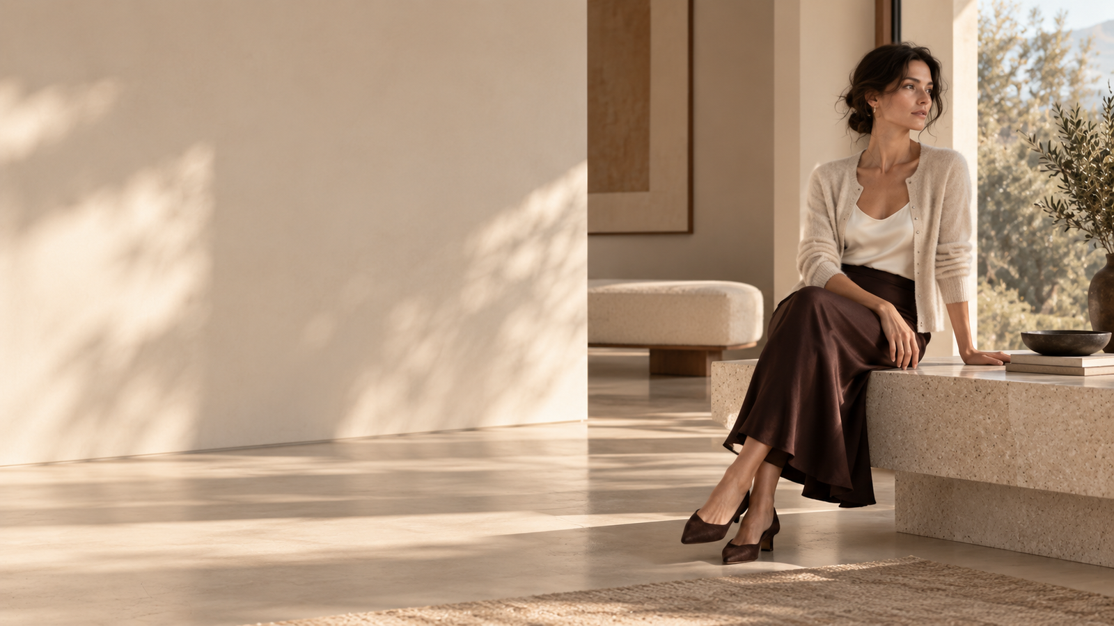 Natural textiles and refined material details arranged in a warm minimal composition