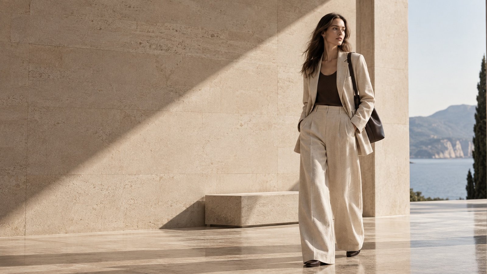 Woman wearing refined modern tailoring in a minimalist interior